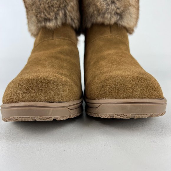 Minnetonka Somerville Womens Brown Suede Ankle Boot Faux Fur Cuff Pom Pom size 8 - Picture 6 of 13